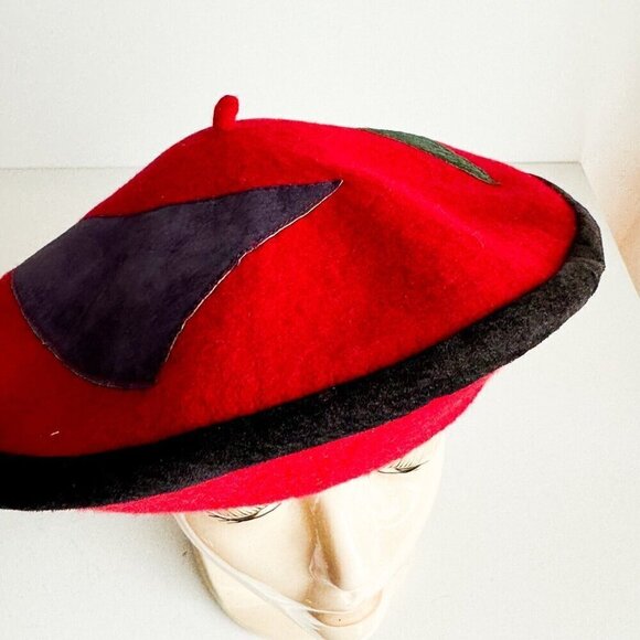 Vintage Unique Red Wool Patchwork Detail Beret